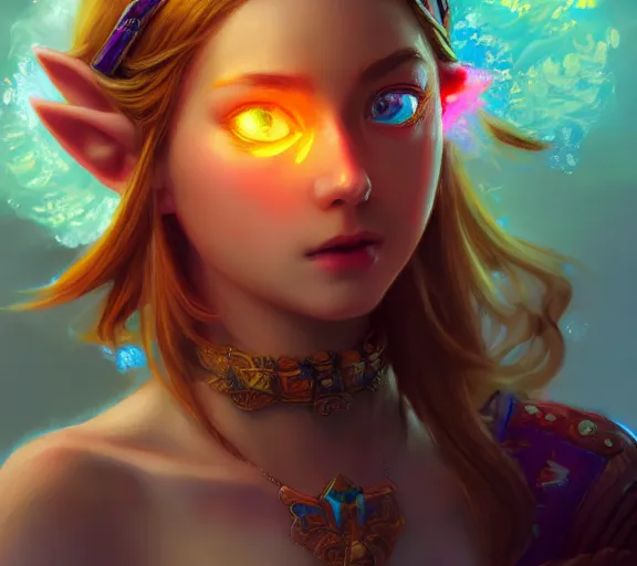 Image similar to beautiful zelda, fire in eye, snow glow, pool party, highly detailed, digital painting, artstation, sharp focus, illustration, art by tan zi and ayanamikodon and alphonse mucha and wlop