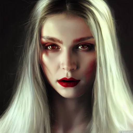 Prompt: close up face of a beautiful female vampire portrait, oil on canvas, artgerm, norman rockwell, craig mulins, trending on pxiv,