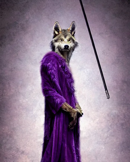 Image similar to Tall emaciated man wolf hybrid, covered in matted fur, he has yellow wolf eyes, a long bent rat like tail, long coyote like ears, and is Wearing a purple velvet cape and is holding a Silver cane with his right hand, Atmospheric Full Moon, highly realistic, Rick Baker style, photoreal, photograph in the style of Annie Leibovitz