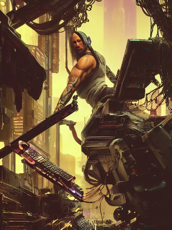 Image similar to a cyberpunk 2077 portrait of Dwayne Johnson carrying a female android complex mess of cables and wires behind them connected to giant computer, love,film lighting, by laurie greasley,Lawrence Alma-Tadema,William Morris,Dan Mumford, trending on atrstation, full of color, highly detailed,8K, octane, Digital painting,golden ratio,cinematic lighting