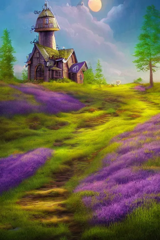 Prompt: beautiful digital matter cinematic painting of whimsical tall house, fox, green hills with lavender heather bushes, whimsical scene bygreg rutkowki artstation