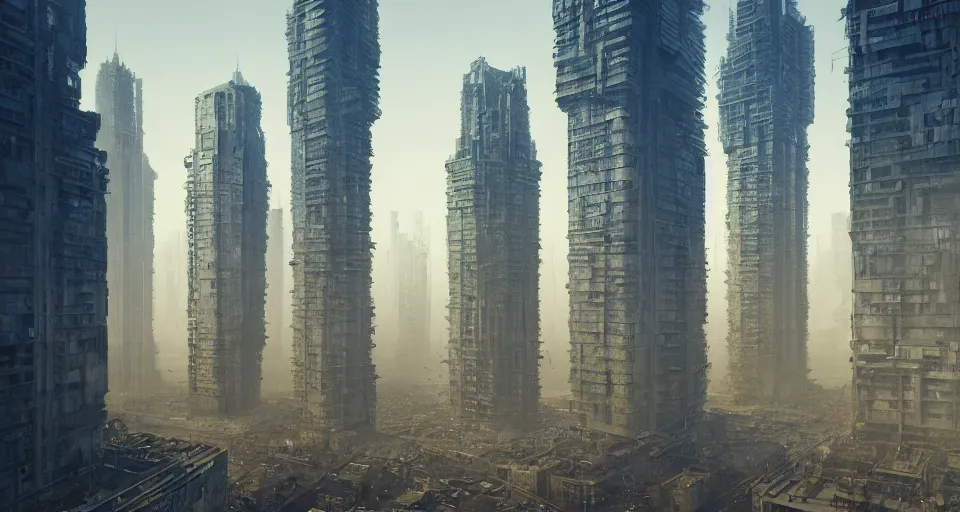 Prompt: A dystopian high-rise cityscape by zdzisław beksiński, rendered by Beeple, Makoto Shinkai, syd meade, simon stålenhag, environment concept, digital art, unreal engine, WLOP, trending on artstation, 4K UHD image, octane render,