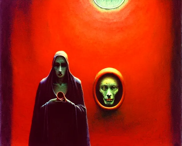 Image similar to lamprey by francis bacon, beksinski, mystical redscale photography evocative. devotion to the scarlet woman in her cathedral, priestess in a conical hat, coronation, ritual, sacrament