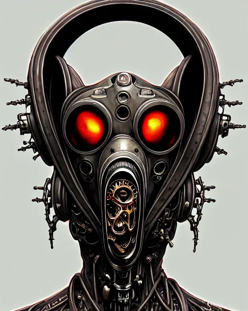 Prompt: front shot of a cyberpunk hooded dead biomechanical demon in gasmask mastermind character, intricate, elegant, highly detailed, centered, (((artstation, concept art, smooth, sharp focus, artgerm, Tomasz Alen Kopera, Peter Mohrbacher, donato giancola, Joseph Christian Leyendecker, WLOP, Boris Vallejo))), mugshot!!!!!, ugly!!!!!!, octane render, nvidia raytracing demo, grainy, muted