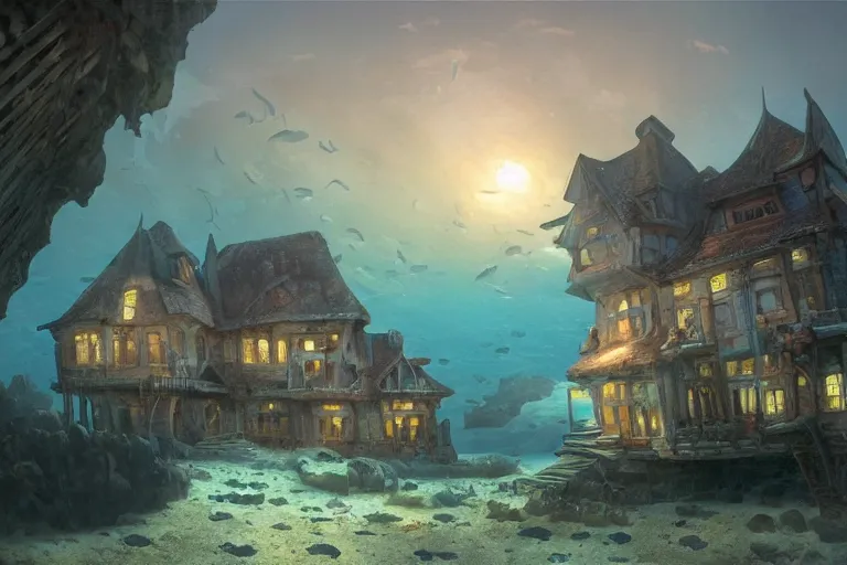 Prompt: underwater scene, on the sandy ocean floor, a typical european house with a slate roof, coral reef, school of fishes, shark, scenic view, atmospheric blue tonality matte painting by marc simonetti and hubert robert, trending on artstation