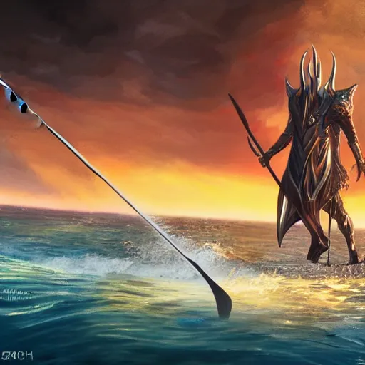 Prompt: lord sauron on his new paddle fishing a giant swordfish, cap canaveral background, digital art, trending on art station, high quality, uhd 8 k, beautiful, golden hour, intricate detail, high gradient, raytracing