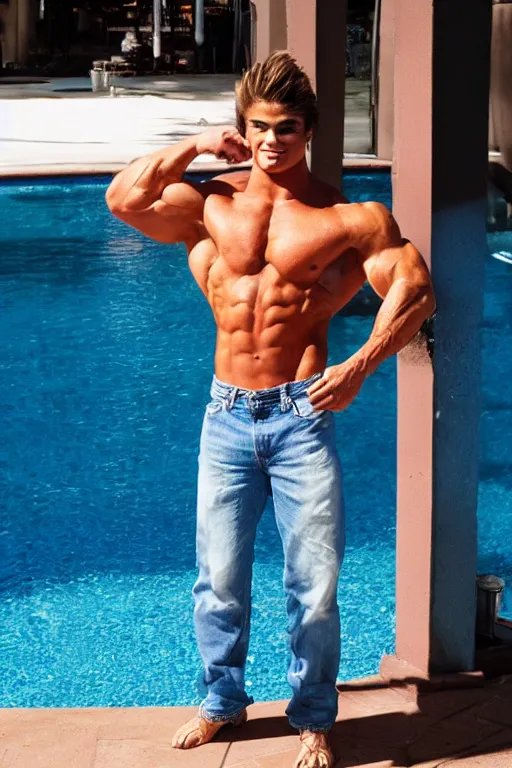 Prompt: very buff male fitness model, Jeff Seid as Ken with blonde hair, muscular, wearing a pink cut-off 90s styled crop top and jeans, by a swimming pool, shiny metallic glossy skin