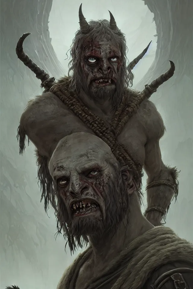 Image similar to portrait of an undead gray nomadic orc, looking at camera, d & d, savage warrior, fur attire, aztec hair, large noses, intricate, fantasy, extremely detailed, digital painting, artstation, concept art, smooth, sharp focus, illustration, ambient lighting, art by artgerm and greg rutkowski and alphonse mucha and simon stalenhag