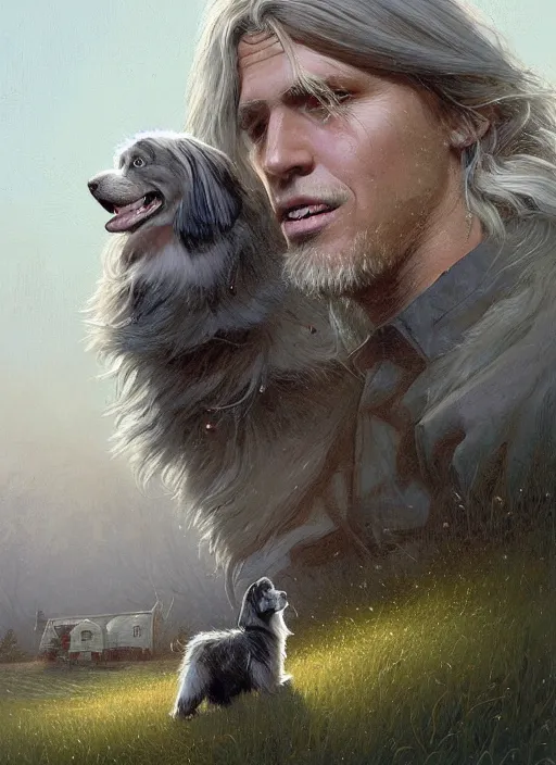 Image similar to highly detailed portrait of a blonde long - haired hillbilly in front of old style house, with his fluffy black and gray australian shepherd, stephen bliss, art by greg rutkowski, loish, rhads, ferdinand knab, makoto shinkai and lois van baarle, tom bagshaw, global illumination, artstation