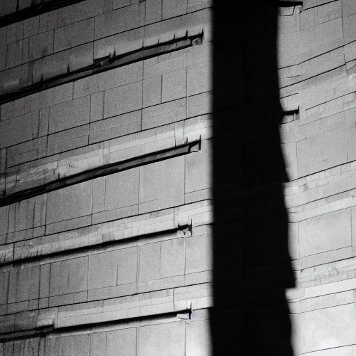 Image similar to black and white security camera image of a black silhouette of a figure caught in an abandoned brutalism structure