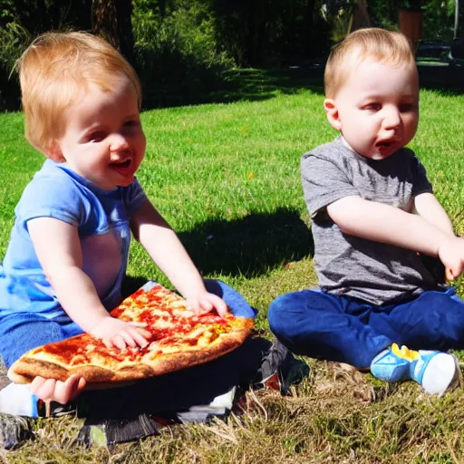 Image similar to gabriel and dresden eating pizza, outside park, sunny day, kids playing