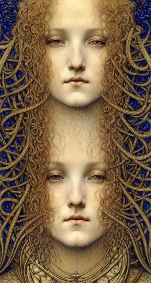 Image similar to detailed realistic beautiful young medieval queen face portrait by jean delville, gustave dore and marco mazzoni, art nouveau, symbolist, visionary, gothic, pre - raphaelite. horizontal symmetry