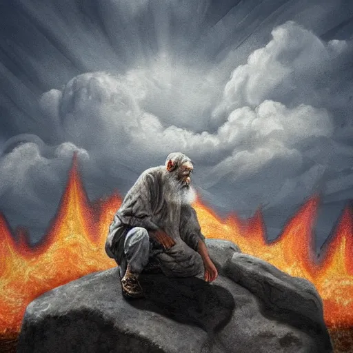 Image similar to painting of an old man with a silver gray beard and ragged robes knelt down on the peak of a mountain, the sky above is wreathed in flames, the man chisels an inscription on a stone, realistic, detailed, ancient, digital art, apocalyptic, earth tones, dramatic, cinematic lighting