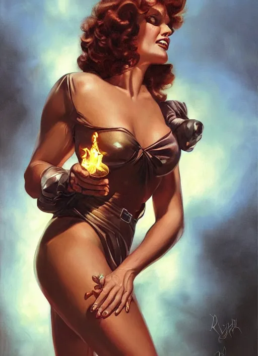 Image similar to Rita Hayworth as a muscled heroine staring into the camera, torch shadows, foggy night, intricate, elegant, highly detailed, Donato Giancola, Joseph Christian Leyendecker, WLOP, Boris Vallejo, Artgerm