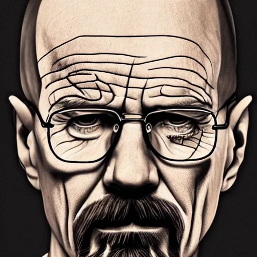 Image similar to a detailed portrait of walter white with face tattoos, art illustration, incredibly highly detailed and realistic, 8 k, sharp focus