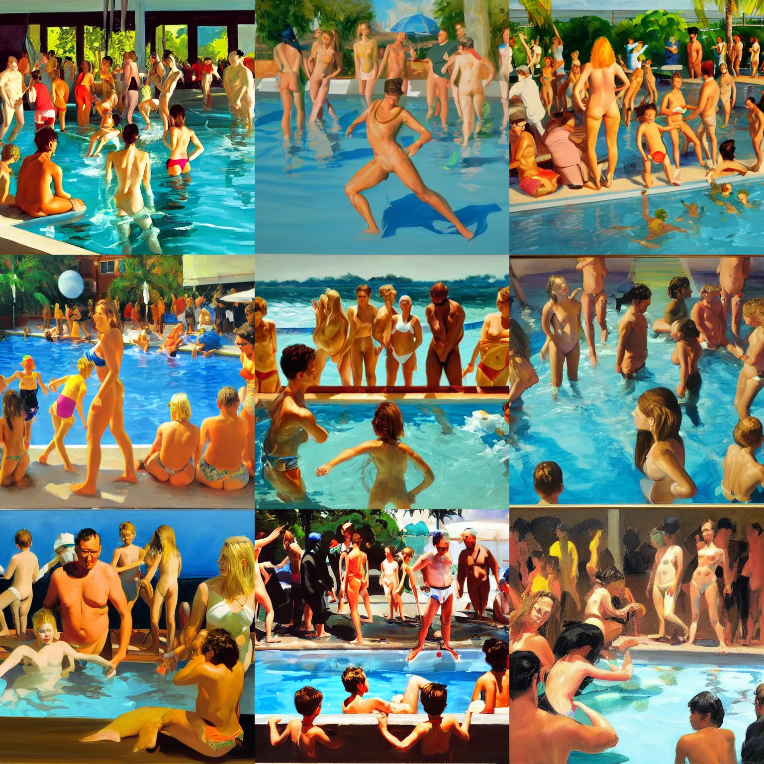 Prompt: painting of pool party by eric fischl