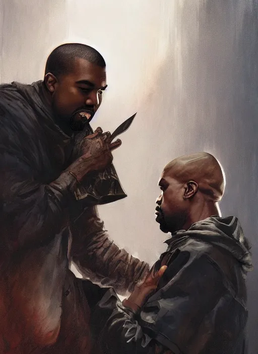 Prompt: Portrait of Kanye West stabbing Pete Davidson, marvel comics, dark, intricate, highly detailed, smooth, artstation, digital illustration by Ruan Jia and Mandy Jurgens and Artgerm and Wayne Barlowe and Greg Rutkowski and Frank Frazetta, 16k