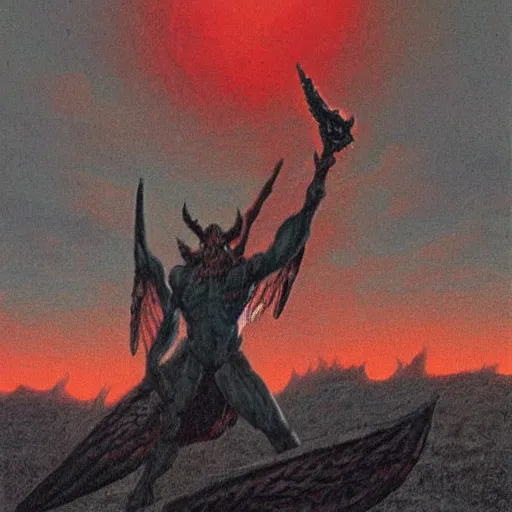 Image similar to Experimental art. a large, muscular demon-like creature with wings, standing in a dark, hellish landscape. The creature has red eyes and sharp teeth, and is holding a large sword in one hand. carmine by Quint Buchholz tender