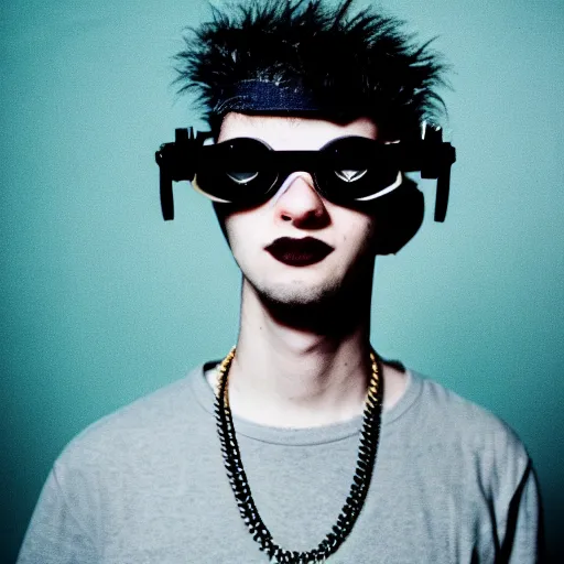 Prompt: kodak portra 1 6 0 photograph of a skinny nerdy goth guy with wild hair wearing goggles and eclectic jewelry, moody lighting, moody aesthetic, telephoto, 9 0 s vibe, rave background, vaporwave colors, faded!,