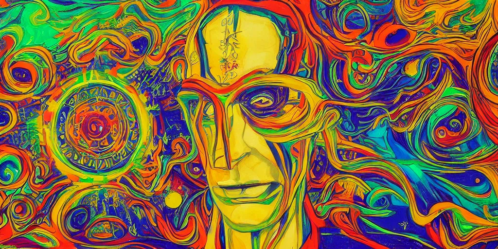 Image similar to high detailed painting of a psychedelic android in a mystic spiritual world, the war of spirits in the cosmos
