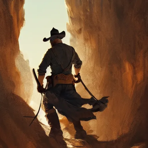 Image similar to cowboy with a katana striking an action pose, old, white beard, wrinkles, handsome, action pose, katana, profile, intricate, detailed, volumetric lighting, scenery, digital painting, highly detailed, artstation, sharp focus, illustration, concept art, ruan jia, steve mccurry