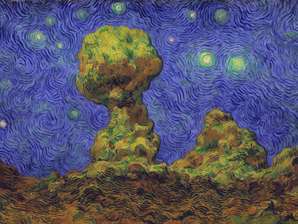 Image similar to study of the psychedelics dream bot mothership over the sublime sacred rock. painting by vincent van gogh, bosch, wayne barlowe, agnes pelton, rene magritte