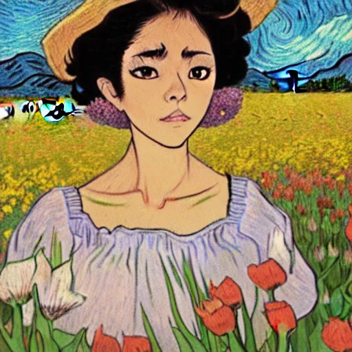 Image similar to beautiful dark skinned mexican woman, dancing in a field of tulips and baby's breath, prominent, rosy cheek bones, black hair and brown eyes, van gogh art style, art by hayao miyazaki, makoto shinkai