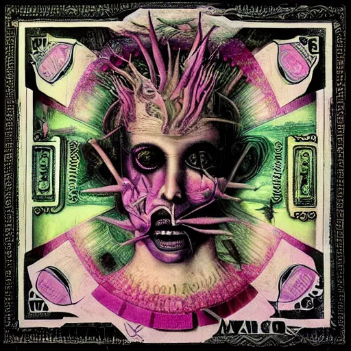 Image similar to post - punk new age album cover, asymmetrical design, dollar bank notes, capitalism, magic, apocalypse, psychedelic, black white pink, magic, giger h. r., giuseppe arcimboldo