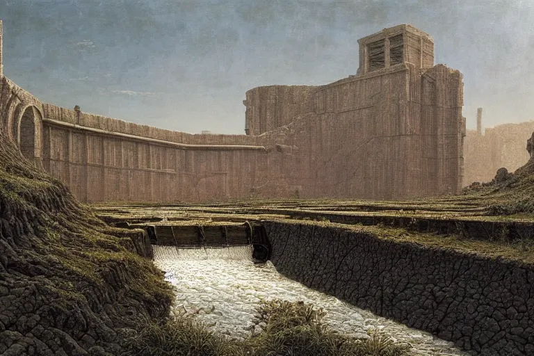 Prompt: intricate, 3 d, vast abandoned dam, style by caspar david friedrich and wayne barlowe and ted nasmith.