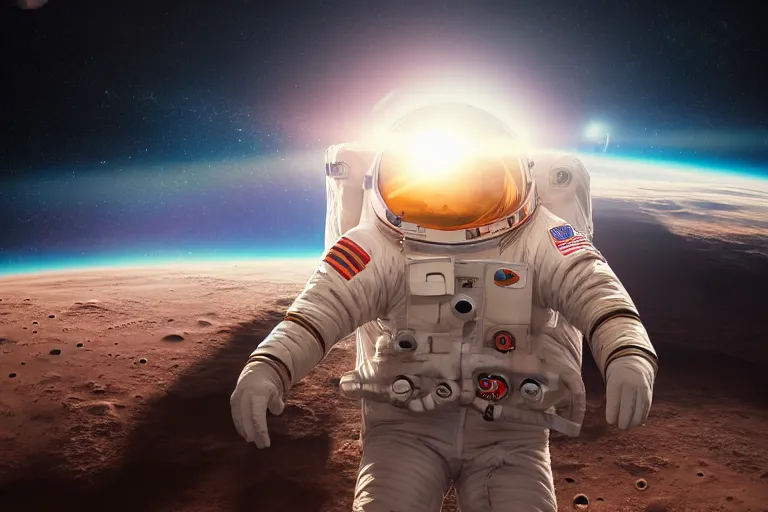 Image similar to astronaut in space wearing a spacesuit floating, mars in background, highly detailed, photorealistic portrait, bright studio setting, studio lighting, crisp quality and light reflections, unreal engine 5 quality render