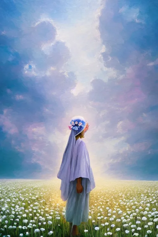 Image similar to giant white daisy flowers as head veil, girl walking in a flower field, surreal photography, sunrise, dramatic light, impressionist painting, colorful clouds, digital painting, artstation, simon stalenhag