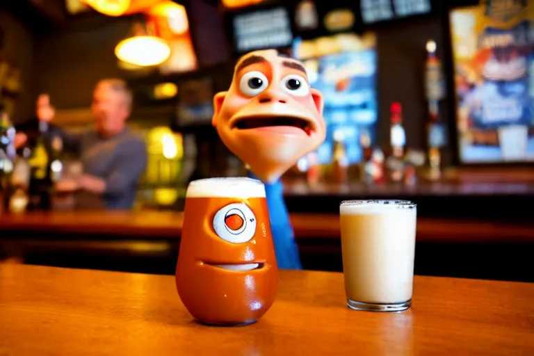 Image similar to a anthropomorphic pint of beer, pixar, who is a customer, waits to be served by a bartender,