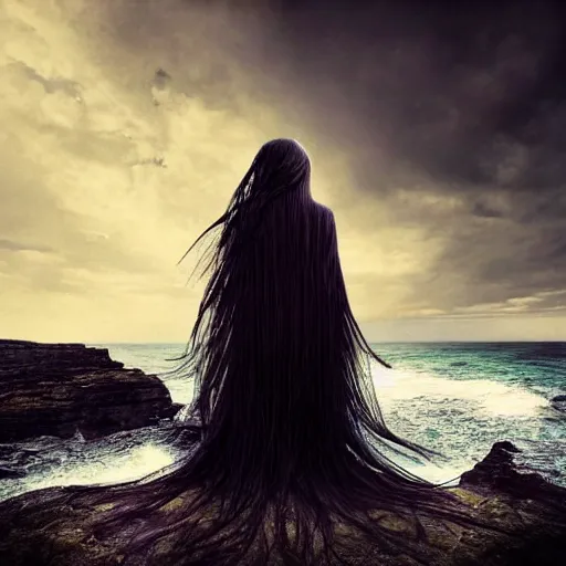 Prompt: A beautiful computer art of a human-like creature with long, stringy hair. The figure has no eyes, only a mouth with long, sharp teeth. The creature is standing on a cliff overlooking a dark, foreboding sea. by Bella Kotak ornamented