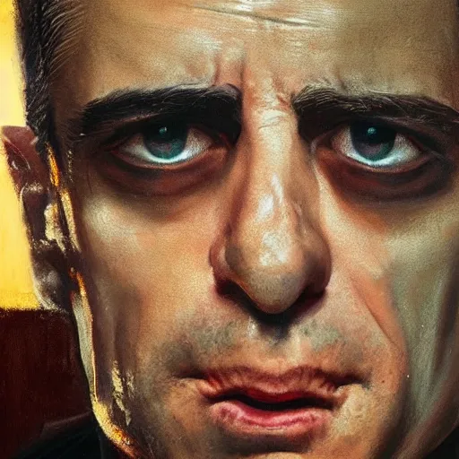 Image similar to realistic portrait of travis bickle ( robert deniro ), trending on artstation, low angle oil painting and composition laws, cinematic lighting, hyperdetailed, cgsociety, 8 k, martin scorsese cinematography, taxi driver