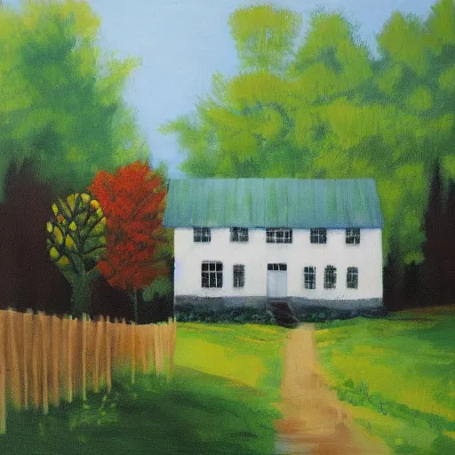 Prompt: farmhouse in the woods painted by jerry smith, acrylic painting