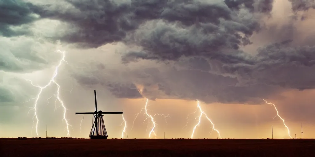 Image similar to photo of a stormy west texas sunset, perfect american windmill, film photo, lightning, golden hour, high quality, beautiful!!!