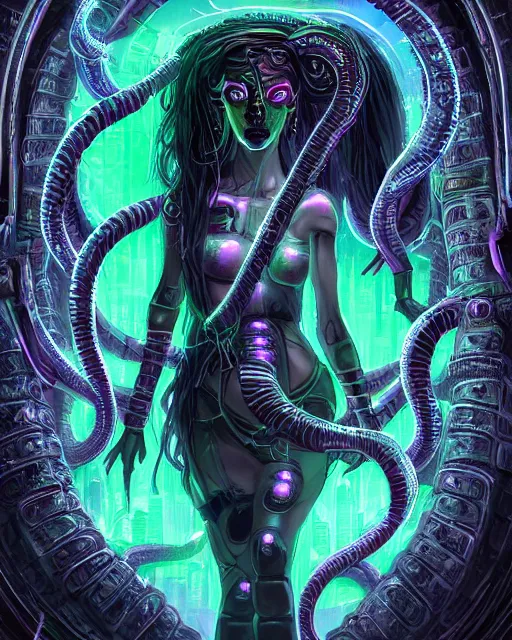 Image similar to Perfectly-centered Hyperdetailed Hyper realistic symmetrical cinematic RPG portrait-illustration of a beautiful aetherpunk cyberpunk Medusa with glowing eyes in a black otherworldly dress and long ravepunk snakes for hair. She's near lovecraftian towers in a surreal landscape, style of epic sci-fi comic-book cover, 3D rim light, octane, dark retrowave, artstation, cgsociety, fantasy digital art, smooth, sharp focus