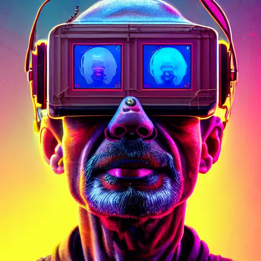 Prompt: Colour Photography of 1000 years old man with highly detailed 1000 years old face wearing higly detailed cyberpunk VR Headset designed by Josan Gonzalez Many details. . In style of Josan Gonzalez and Mike Winkelmann andgreg rutkowski and alphonse muchaand Caspar David Friedrich and Stephen Hickman and James Gurney and Hiromasa Ogura. Rendered in Blender with Minecraft style