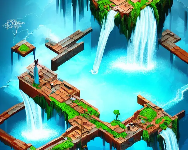 Prompt: isometric game art of a very beautiful turquoise blue waterfall, game design concept, trending on artstation, cgsociety