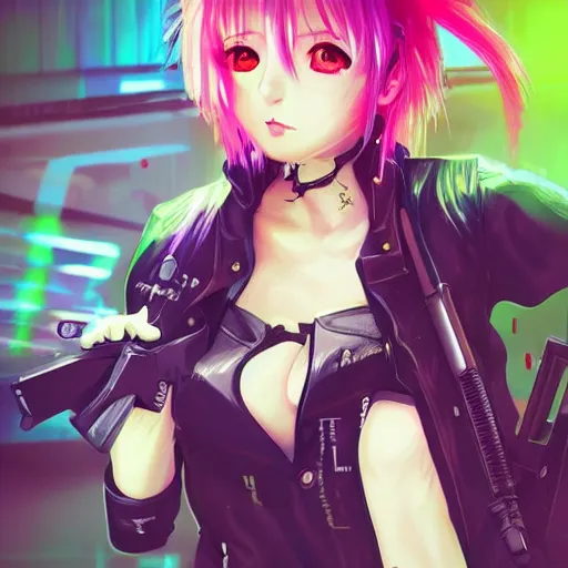 Prompt: poster art of anime girl with cyberpunk style outfit, cute face, pretty, Anime, posing with a gun by Valorant and Julia Yurtsev, Fierce expression 4k, 8k, HDR, Trending on artstation, Behance, Pinterest