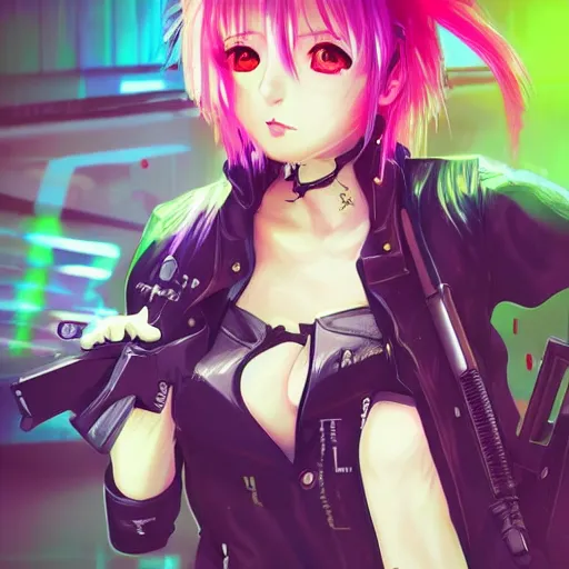 KREA - poster art of anime girl with cyberpunk style outfit, cute face,  pretty, Anime, posing with a gun by Valorant and Julia Yurtsev, Fierce  expression 4k, 8k, HDR, Trending on artstation