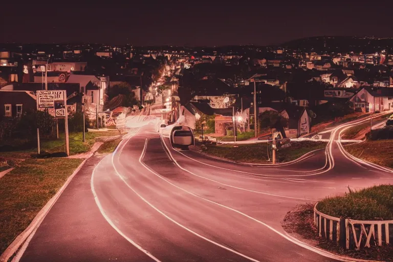 Prompt: looking down road, a mini town, mid night, dark, car lights