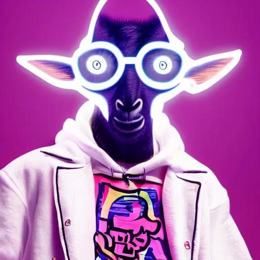 Image similar to stylish goat in a white jacket, retrowave, neon light,