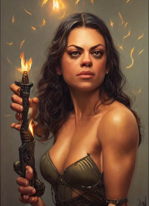 Image similar to portrait of a very muscled Mila Kunis as a heroine staring into the camera, torches and fireflies, artstation, intricate, elegant, highly detailed, art by Donato Giancola, Joseph Christian Leyendecker, WLOP, Boris Vallejo, Artgerm