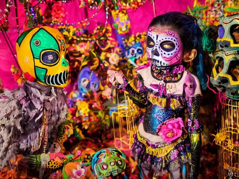 Prompt: A child wearing dia de los muertos face make-up and a luchador costume sits in a cage, during a 1980s laser show, and whispers secrets to her guardian spirit. Lowbrow, pop surrealism art style, alebrijes aesthetic, contemporary art illustration, photography by Steven Curry, ultra real 8k photography