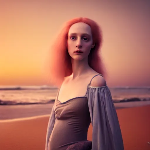 Image similar to photographic portrait of a stunningly beautiful english renaissance female in soft dreamy light at sunset, beside the sea, soft focus, contemporary fashion shoot, in a tim burton movie, by edward robert hughes, annie leibovitz and steve mccurry, david lazar, jimmy nelsson, extremely detailed, breathtaking, hyperrealistic, perfect face, octane render