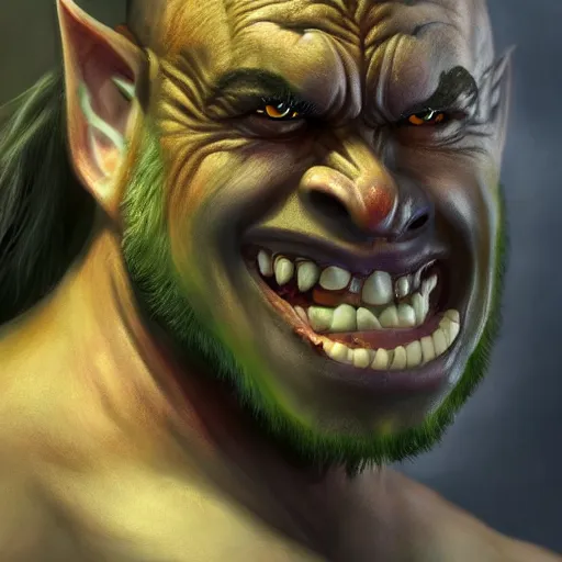 Image similar to a detailed portrait of a cute orc boy smiling, fantasy art illustration, incredibly highly detailed and realistic, 8 k, sharp focus