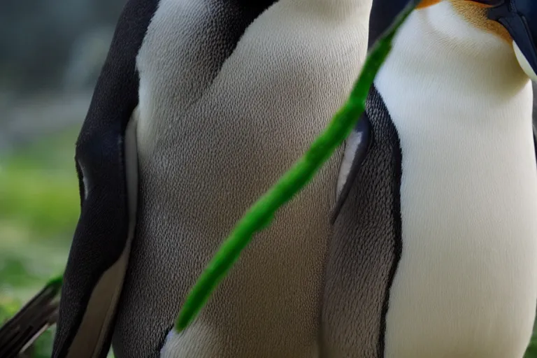 Image similar to vfx movie scene closeup penguin in ancient armor holding a katana in a green arctic. by emmanuel lubezki