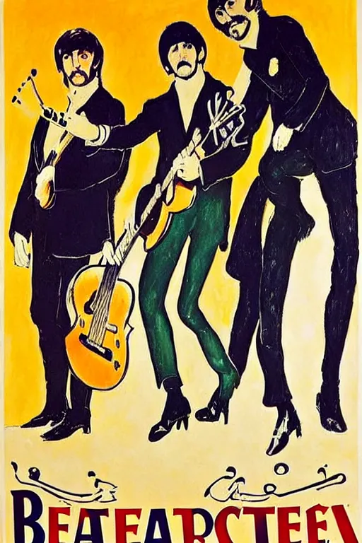 Image similar to a poster announcing a Beatles concert in a parisian cabaret depicting John Lennon, Paul Mccartney, George Harrrison and Ringo Starr, painting by Toulouse-Lautrec, high quality, masterpiece,