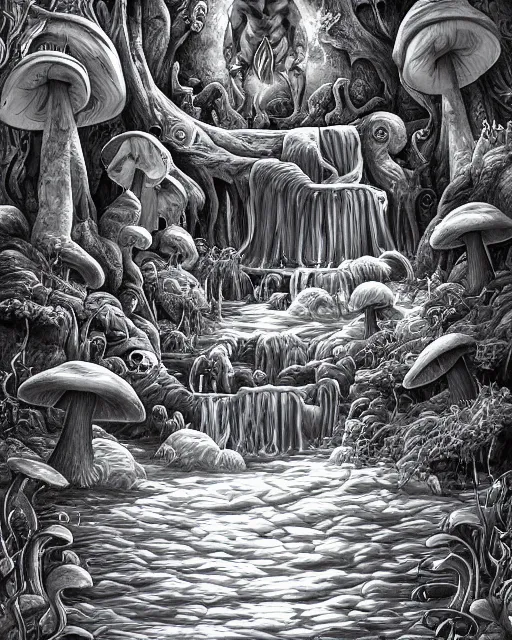 Image similar to a painting of a evil stream, made in tones of white and grey, of water pouring from a biomorphic gorilla skull and producing liquid gold, in a wild mushroom fountain, bath like style, insanely detailed, loony toons style, isometric views, 8k